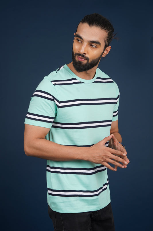 Men's Mint/Navy/White striped round neck t-shirt