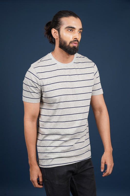 Men's Grey Melange/Navy striped round neck t-shirt