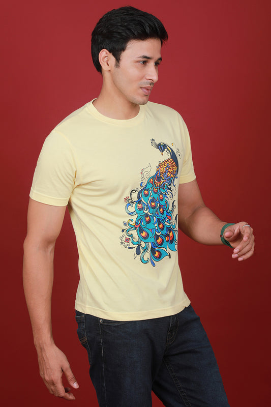 Men's Light Yellow Printed Single Jersey Round Neck T-shirt