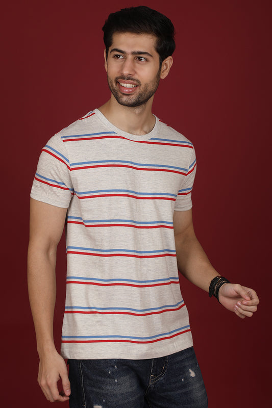 Men's Lt.Grey/Blue/Red Striped Round Neck T-shirt