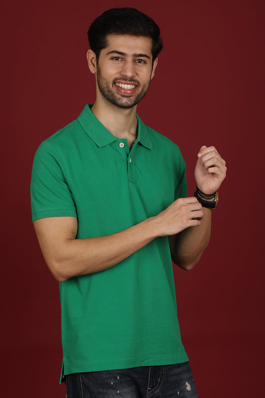 Men's Green Enzyme Wash Pique Polo T-shirt