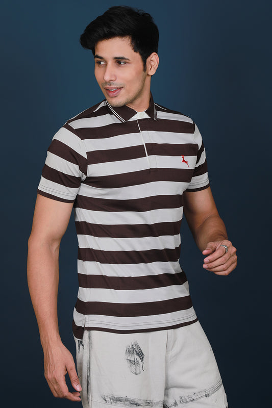 Men's Brown/Grey Striped Mercerized Single Jersey Polo T-shirt