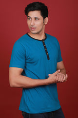 Men's Petrol Single Jersey Henley Neck T-shirt