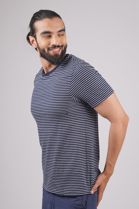 Men's Navy/White striped round neck t-shirt