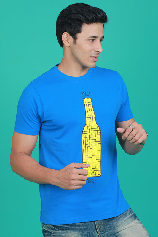 Men's Blue Printed Single Jersey Round Neck T-shirt