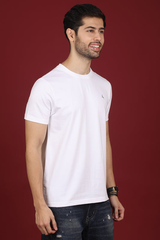 Men's White Lycra Single Jersey Round Neck T-shirt with Logo