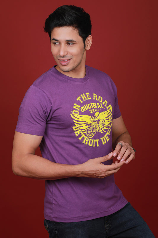 Men's Purple Printed Single Jersey Round Neck T-shirt