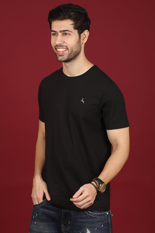 Men's Black Lycra Single Jersey Round Neck T-shirt with Logo