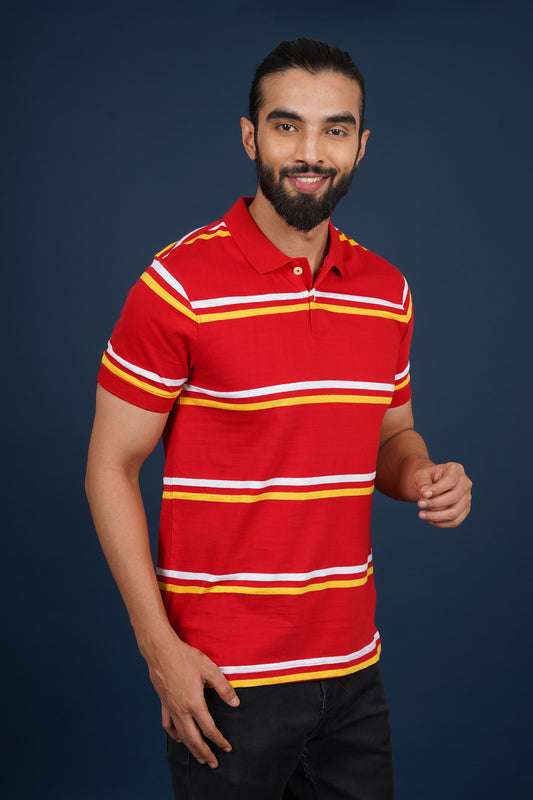 Men's Red/White/Yellow Striped single jersey polo t-shirt