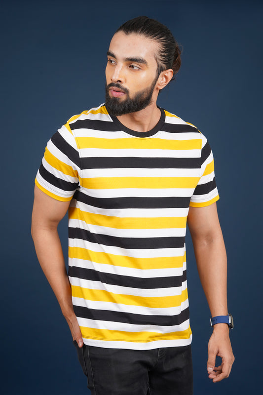 Men's Yellow/Black/White striped round neck t-shirt