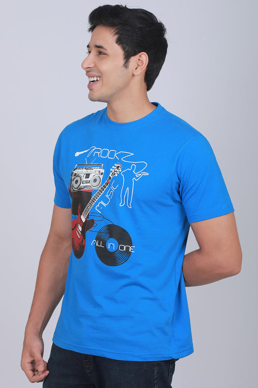 Men's Blue Printed Single Jersey Round Neck T-shirt