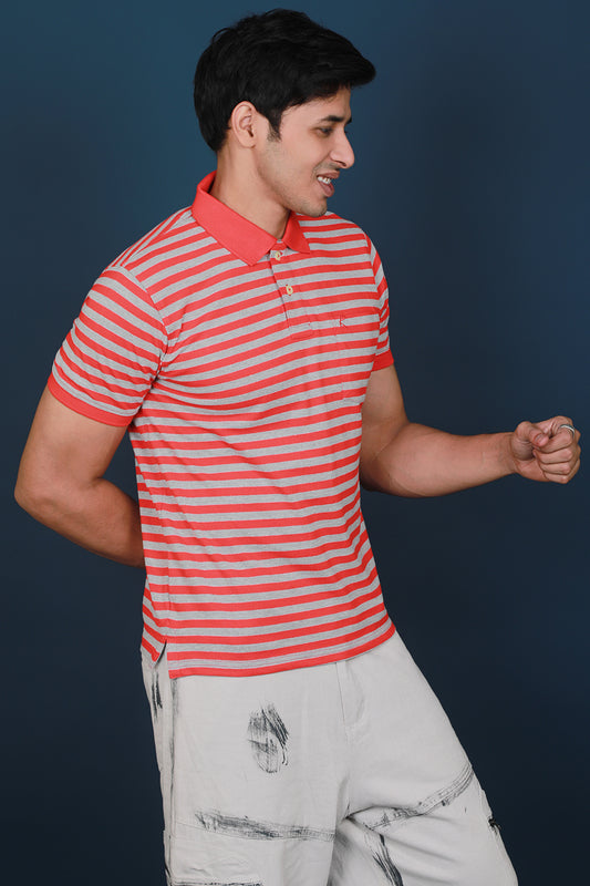 Men's Red/Grey Striped Pique Polo T-shirt