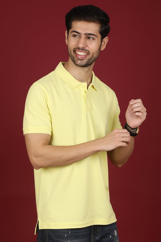 Men's Light Yellow Enzyme Wash Pique Polo T-shirt