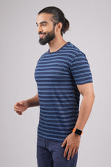 Men's Light Blue/Navy striped round neck t-shirt