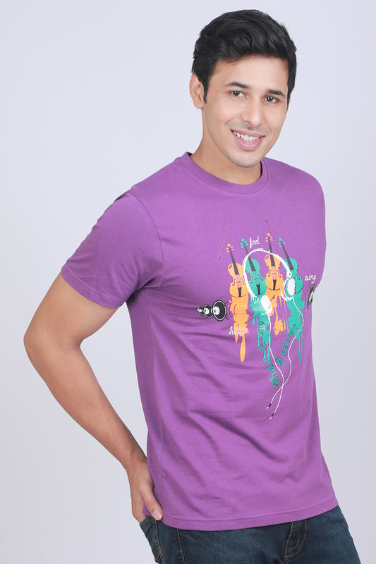 Men's Purple Printed Single Jersey Round Neck T-shirt