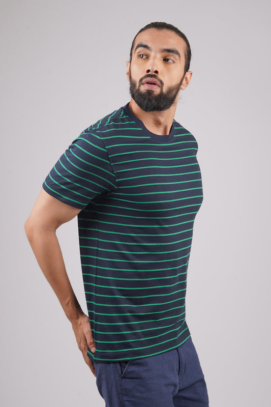 Men's Navy/Green striped round neck t-shirt