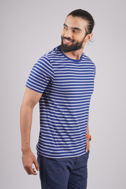 Men's blue/white striped round neck t-shirt