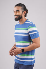 Men's Blue/White/Green striped round neck t-shirt