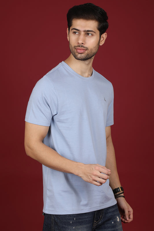 Men's Light Blue Melange Round Neck T-shirt with Logo