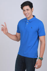 Men's Blue Pique Polo T-shirt with Logo Embroidery