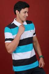 Men's Dark Navy/White/Blue Striped Pique Polo T-shirt