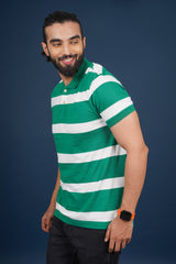 Men's Green/White Striped Single Jersey Polo T-shirt