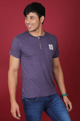 Men's Purple Melange Single Jersey Henley Neck T-shirt