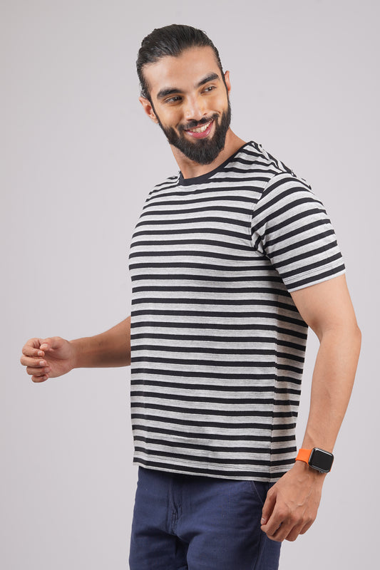 Men's Grey/Black striped round neck t-shirt