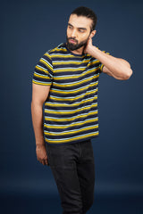 Men's Yellow/Navy/Green striped round neck t-shirt