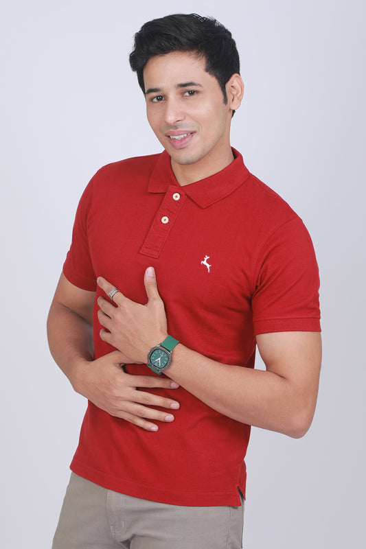 Men's  Red Core Pique Polo T-shirt with Logo Embroidery