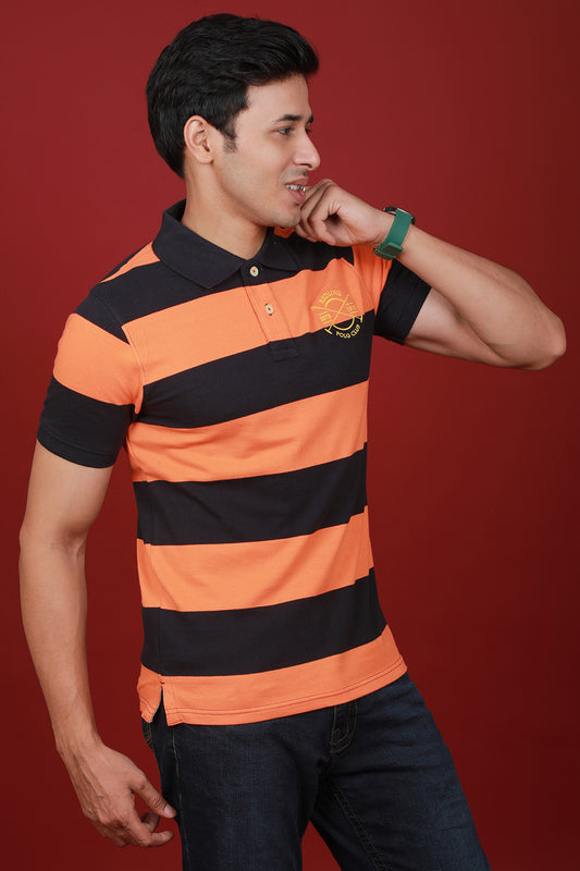 Men's Orange/Navy Striped Pique Polo T-shirt