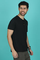 Men's Black Pima Cotton Single Jersey Henley Neck T-shirt with Logo