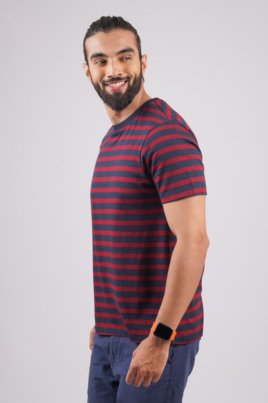 Men's Navy/Maroon striped round neck t-shirt