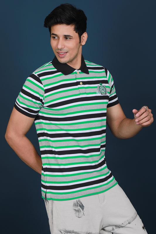 Men's Green/White/Black Striped Pique Polo T-shirt