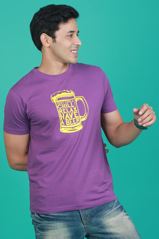 Men's Purple Printed Single Jersey Round Neck T-shirt