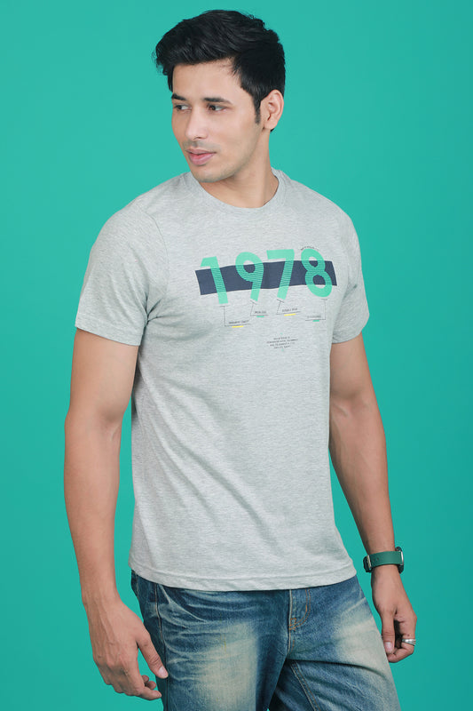 Men's Grey Melange Single Jersey Printed Round Neck T-shirt