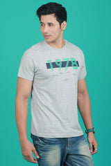 Men's Grey Melange Single Jersey Printed Round Neck T-shirt