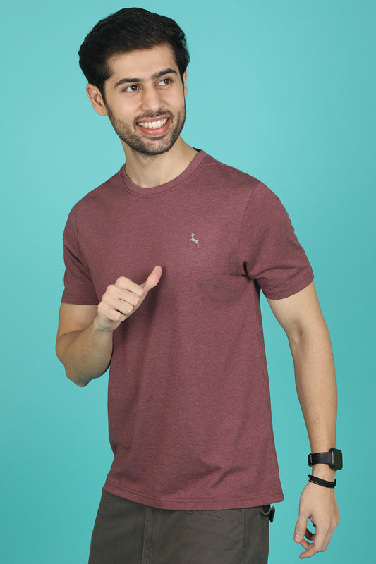 Men's Burgandy Melange Round Neck T-shirt with Logo