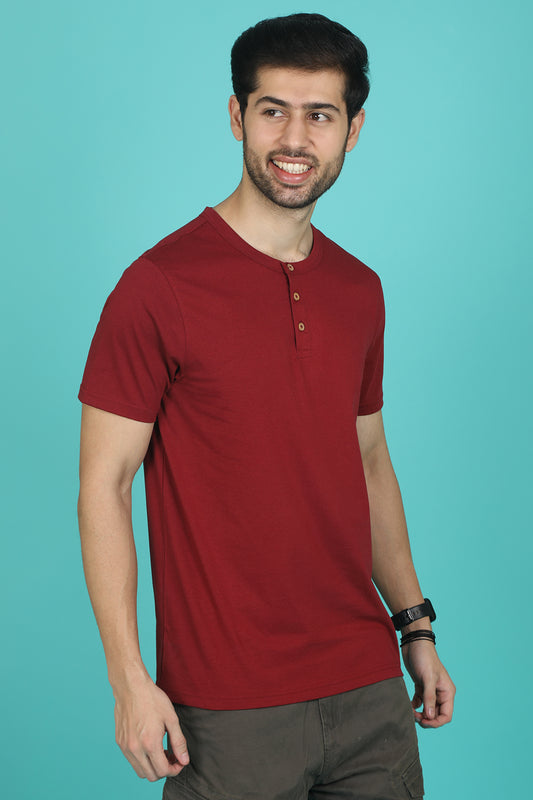 Men's Biking Red Pima Cotton Single Jersey Henley Neck T-shirt