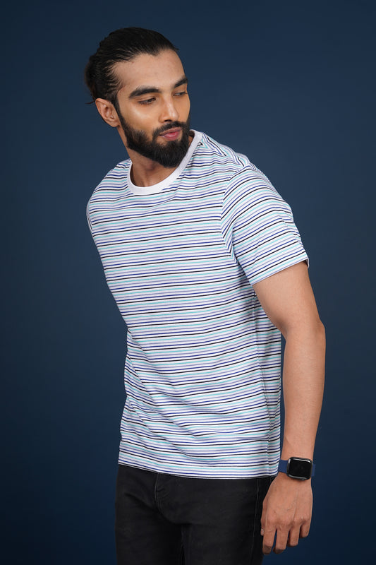 Men's White/Blue striped round neck t-shirt