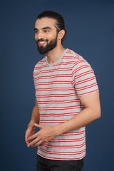 Men's Grey Mel/Red striped round neck t-shirt