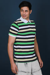 Men's Pastel Yellow/Green/White/Black Striped Pique Polo T-shirt