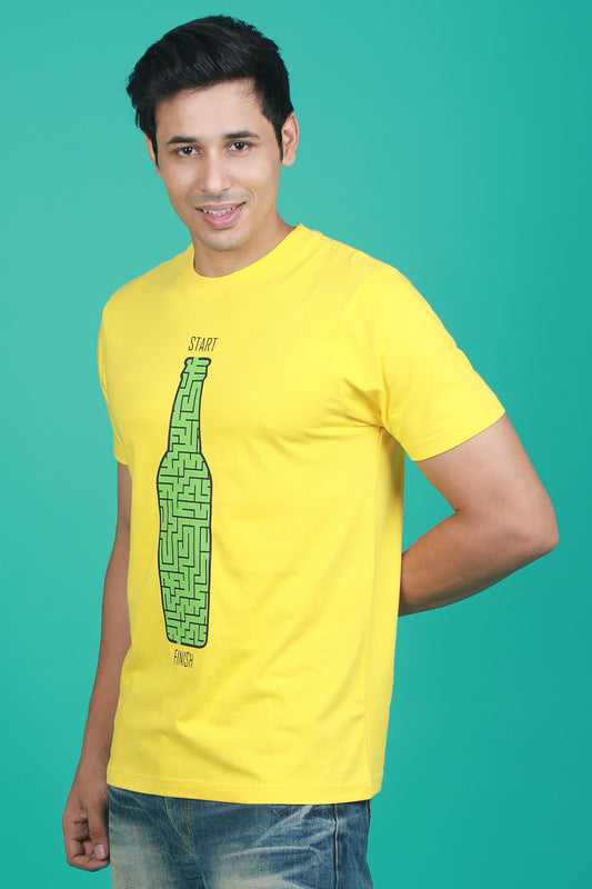 Men's Yellow Printed Single Jersey Round Neck T-shirt