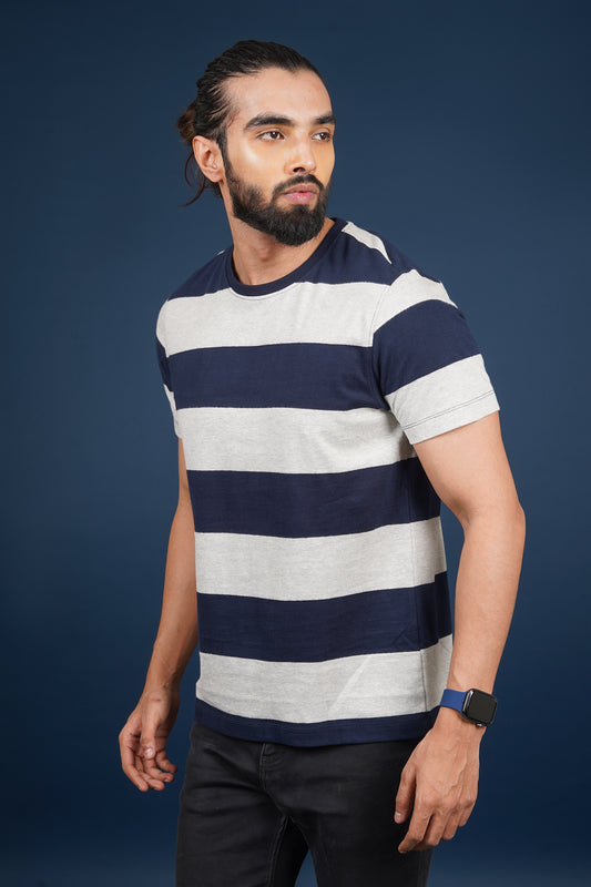 Men's Light Grey/Navy striped round neck t-shirt