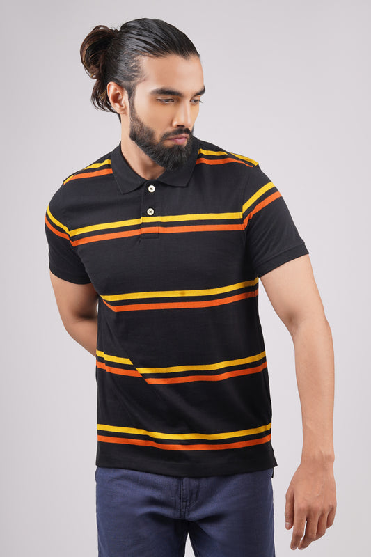 Mens Black/Yellow/Orange Striped single jersey polo t-shirt