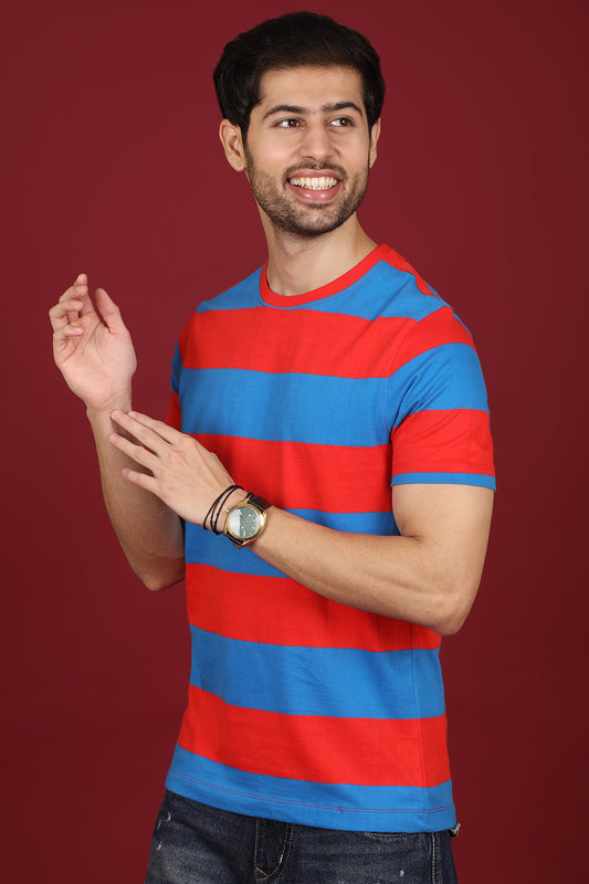 Men's Red/Royal Blue Striped Round Neck T-shirt