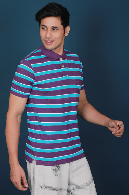 Men's Purple/Blue/White Striped Pique Polo T-shirt