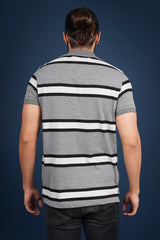 Mens Grey/White/Black Striped single jersey polo t-shirt