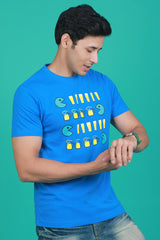 Men's Blue Printed Single Jersey Round Neck T-shirt