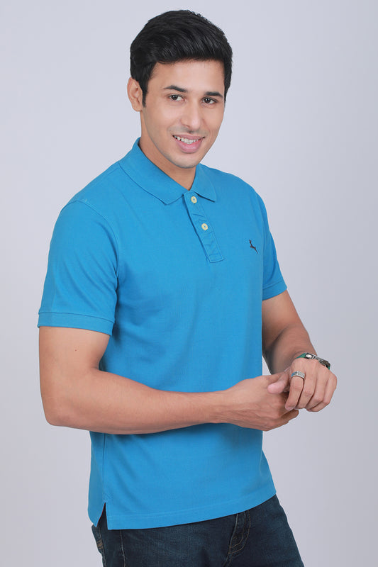 Men's Teal Blue Pique Polo T-shirt with Logo Embroidery